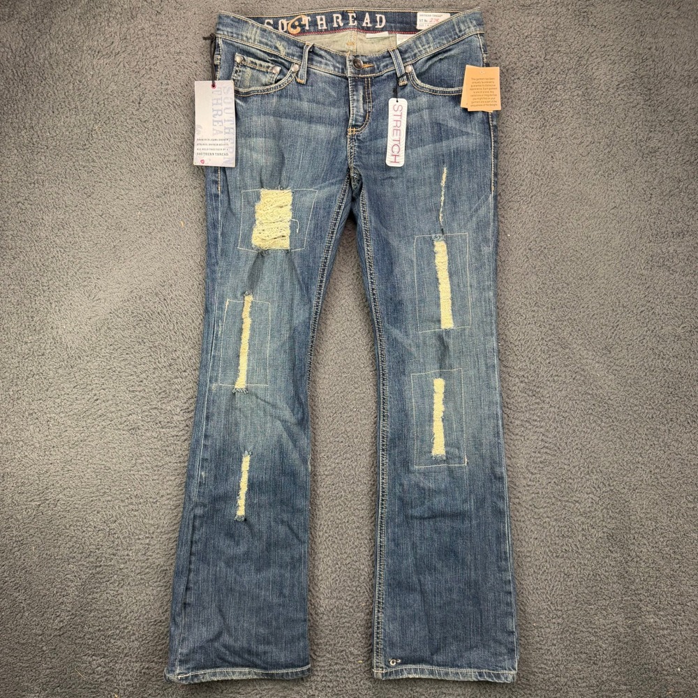 Southern Thread The Claire Distressed Patchwork Bootcut Jeans Blue Womens 29 Reg